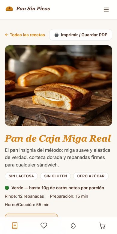 Pantalla real de la app: receta con semáforo de pico, nutrición y porciones
